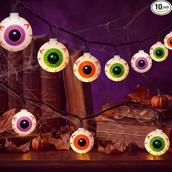 GOOTHY Halloween Eyeball String Lights 8.5Ft Halloween Decorative String Lights with 10 Incandescent Multicolor Eyeball Lights for Party, Christmas, Carnival, Celebration Indoor/Outdoor Decor - string light
