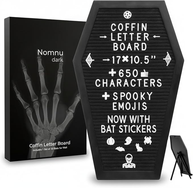 Coffin Letter Board with 80 Spooky Emojis and Bat Stickers, 17×10.5″