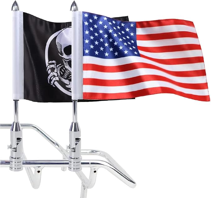 2X Motorcycle Foldable 90° Fag Flagpole Mount Fit for 1/2'' Tubular Luggage Rack For Harley Touring Spring Honda Goldwing etc with American Flag and Punk Skull Flag 6.7'' x 10.2'' Flag - skull suitcase