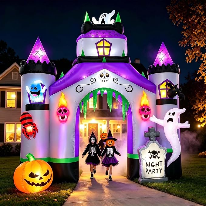SEASONBLOW 12.3 Ft Giant Halloween Inflatable Haunted House Castle Archway Light Up Blow Up Castle Archway with Ghost, Pumpkin and Tombstone for Halloween Party Indoor Outdoor Decor