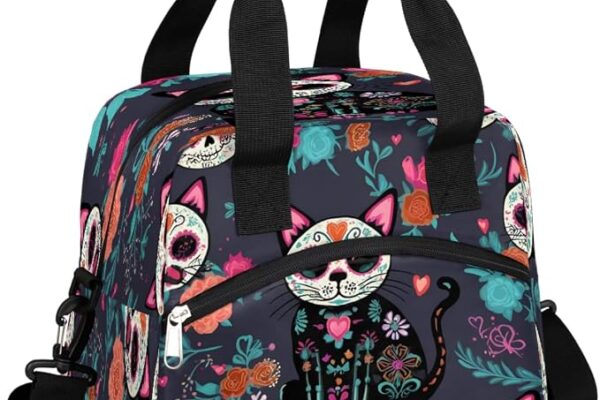 Lunch Bag Sugar Skull Flower Cat Lunchbox Insulated Cooler Handbag