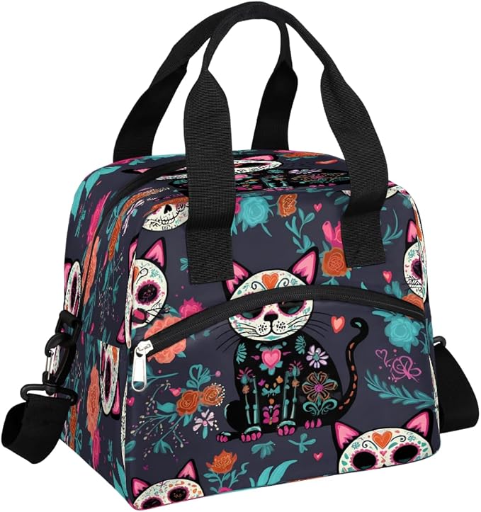 Lunch Bag Sugar Skull Flower Cat Lunchbox Insulated Cooler Handbag