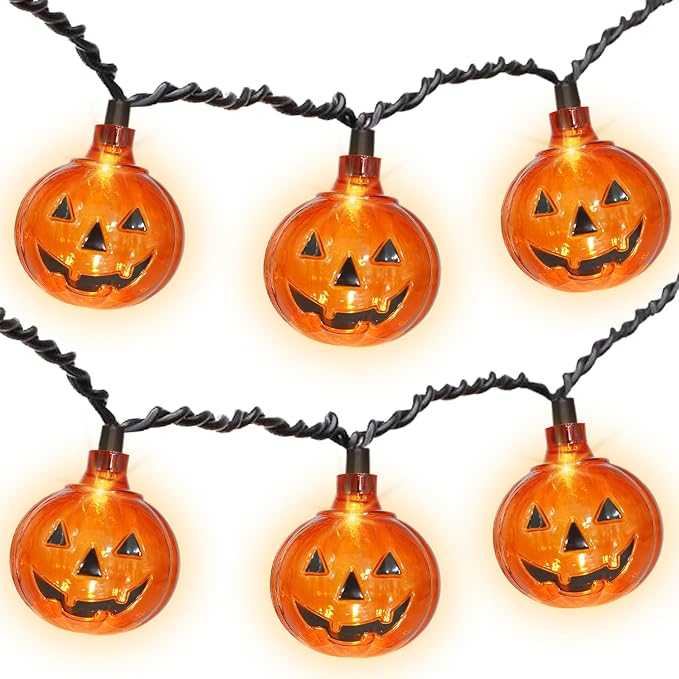 SUNSGNE 8.5Ft Halloween Lights, Pumpkin LED String Lights with 10 PCS Jack O Lantern Pumpkin Lights Plug in Watreproof for Outdoor Indoor Home Fireplace Halloween Decorations - string light