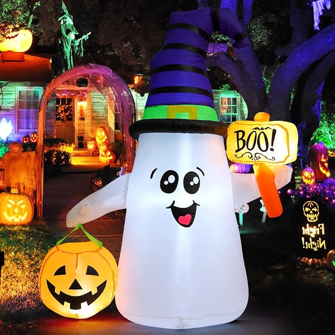 GOOSH 5 FT Halloween Inflatables Ghost Outdoor Decorations Blow Up Yard Cute Wizard Ghost with Pumpkin with Built-in LEDs for Garden Lawn Indoor Party Holiday Decor - skull inflatable