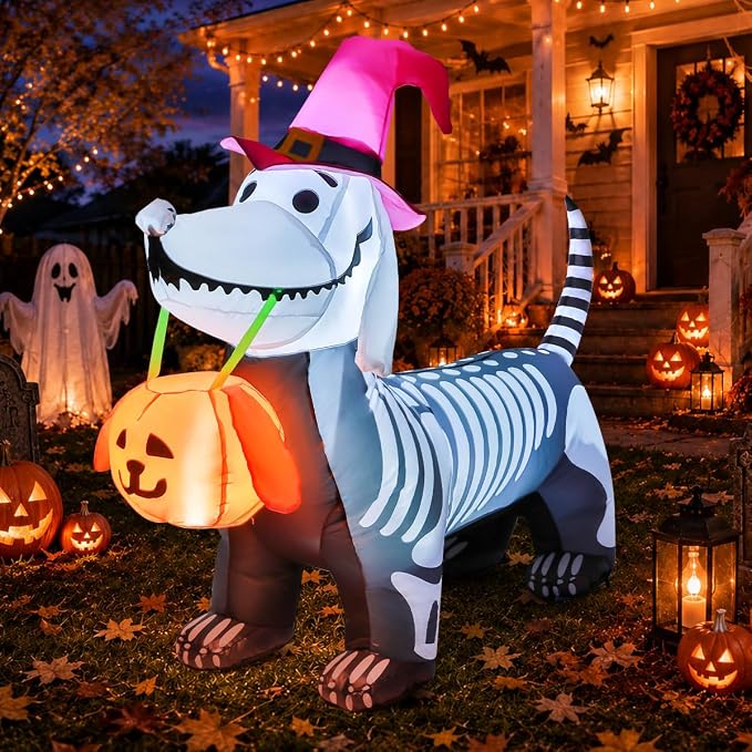 GOOSH 5.5 FT Halloween Inflatables Outdoor Decorations Skeleton Puppy Inflatable Yard Decoration with Build-in LEDs Blow Up Pumpkin for Halloween Party Indoor Outdoor Yard Garden - skull inflatable