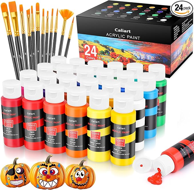 Caliart Acrylic Paint Set of 24 Colors with 12 Brushes