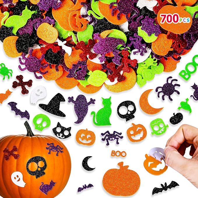 Max Fun 700Pcs Halloween Foam Stickers Glitter Foam Sticker DIY Craft Stickers for Kids Halloween Decorations Party Supplies - skull sticker