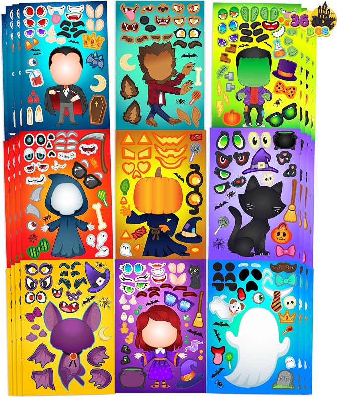 JOYIN 36 PCS Halloween Craft Stickers for Kids Party Favor, Make a Face Stickers with Designs Witch Vampire, DIY Craft Supplies for Halloween Party Game Classroom Activities Gift Goodies - skull sticker