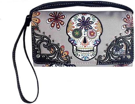 Texas West Western Rhinestone Flora Sugar Skull Crossbody Small Pouch Wallet in 6 colors (Grey) - sugar skull handbags for sale