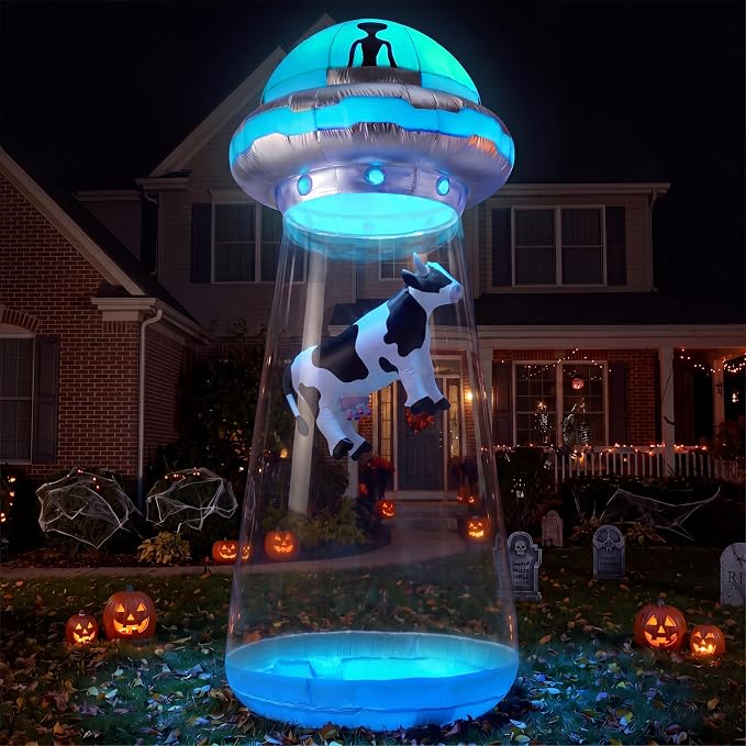 Joiedomi 9 FT Tall Halloween Inflatable UFO Outdoor Decorations, Halloween Blow Ups UFO Alien Decor for Yard Decoration with LEDs for Lawn Garden Party Decor - skull inflatable