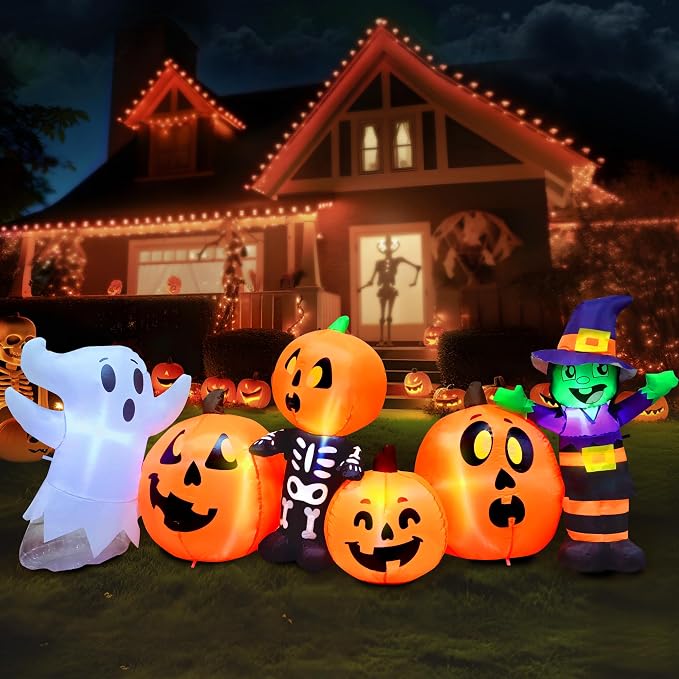 Joiedomi 8 ft Long Halloween Inflatable Three Characters and Pumpkin Patch Outdoor Decoration, Blow Up Inflatables Witch Ghost Skeleton Yard Decorations with LEDs for Party Yard Lawn Garden Decor - skull inflatable