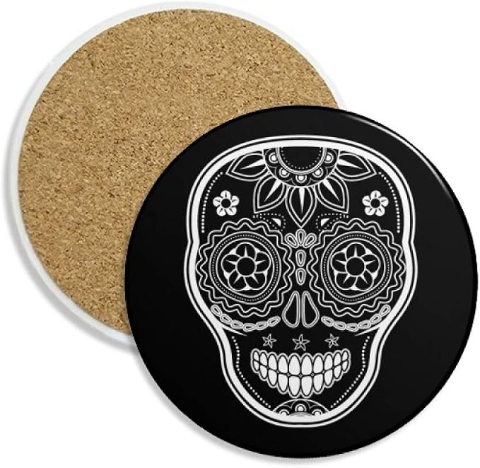 Black White Mexico Day Of Dead Coaster Cup Mug Tabletop Protection Absorbent Stone - skull coaster