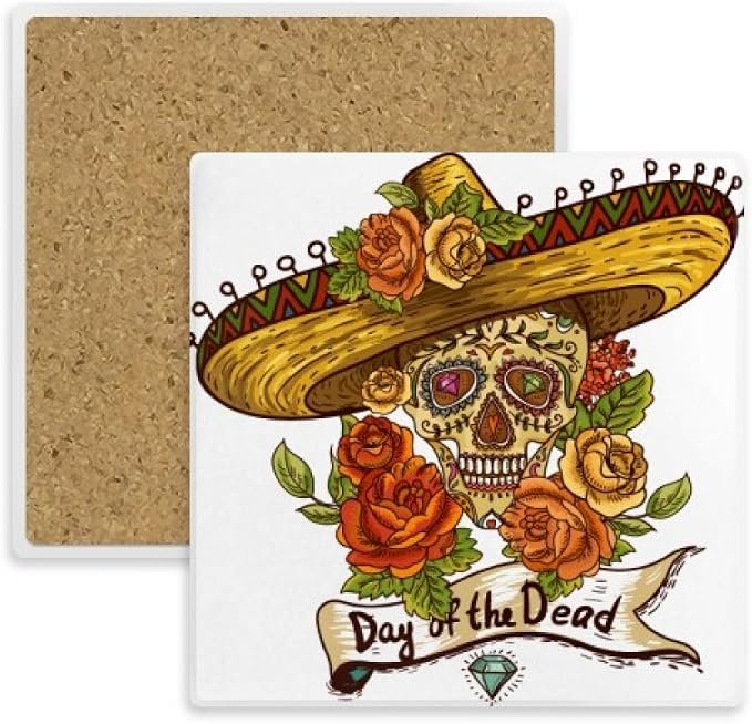 Sombrero Suger Skull Mexico Day of the Dead Square Coaster Cup Mat Mug Subplate Holder Insulation Stone - skull coaster