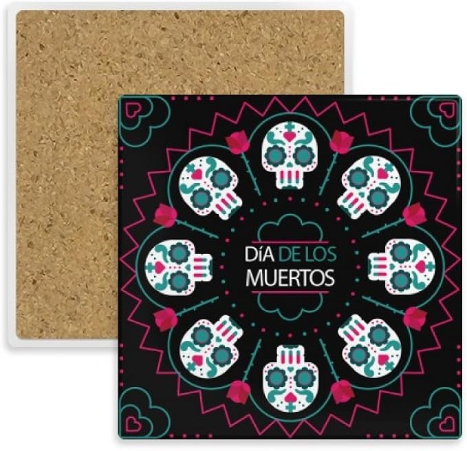 Skull Rose Happy The Day Of The Dead Square Coaster Cup Mat Mug Subplate Holder Insulation Stone - skull coaster
