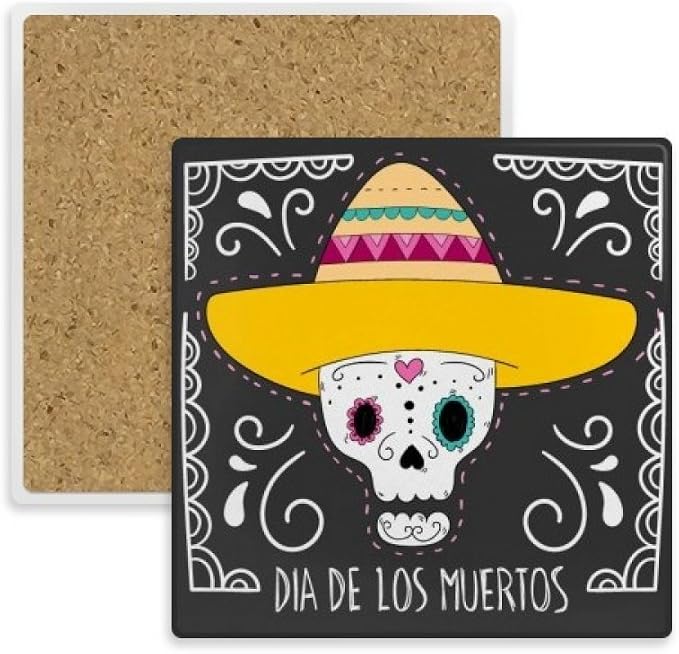 Hat Skull Mexico Happy The Day Of The Dead Square Coaster Cup Mat Mug Subplate Holder Insulation Stone - skull coaster
