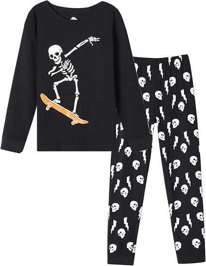 MyFav Boys Pajamas Set Glow in Dark Skull Pjs Long Sleeve Casual Kids Sleepwear Halloween