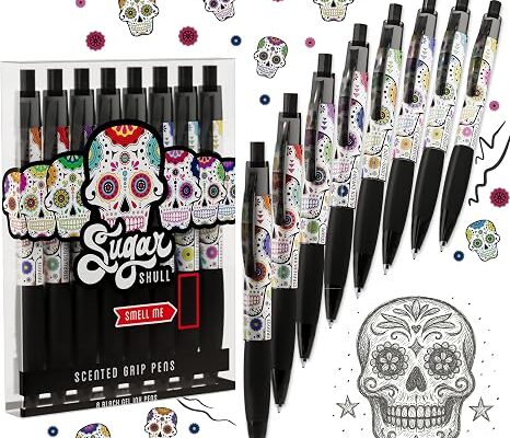 Sugar Skull Smens – Patented Gourmet Scented Pens, Black Ink, Medium Point – 8 Count