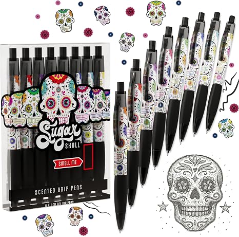 Sugar Skull Smens – Patented Gourmet Scented Pens, Black Ink, Medium Point – 8 Count