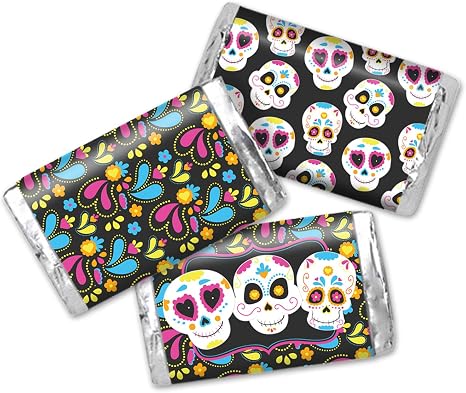 Amanda Creation Day of the Dead Candy Wrappers, 45 Mini Candy Bar Labels 1.4 x 2.6 Inch, Dia de los Muertos Sugar Skull Chocolate Party Favors - skull sticker