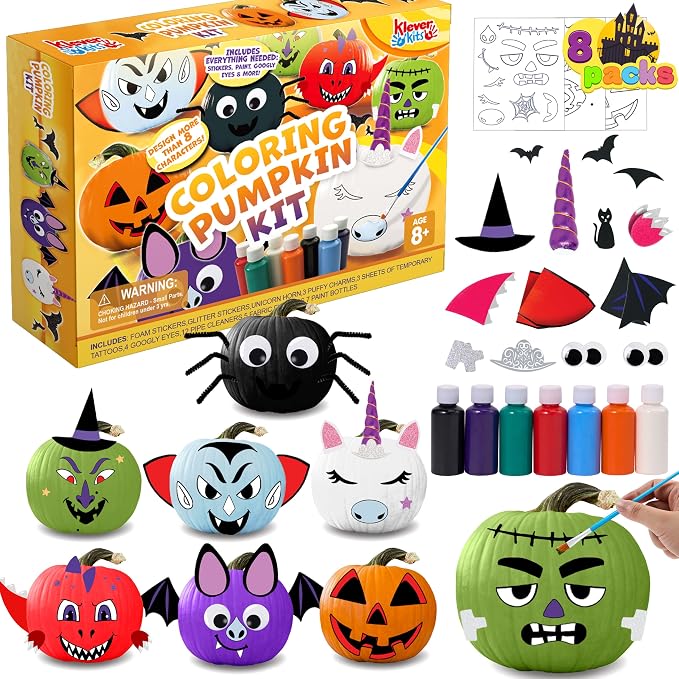 Klever Kits Halloween Pumpkin Decorating Kit, Halloween Painting Kits Party Favors for Kids, Arts and Craft Party Supplies, DIY Coloring Pumpkin Decorations, School Activities Games - skull painting