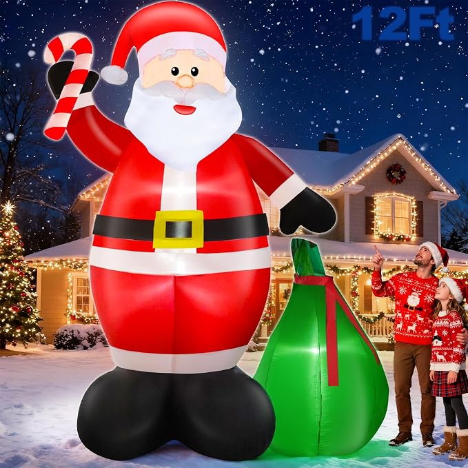 12 Ft by 7.6 Ft Giant Christmas Inflatables Decorations Outdoor Santa Claus with Gift Bag with LED Light for Christmas Blow Up Yard Decor for Lawn Garden Party Holiday Xmas Decorations Cute Fun - skull inflatable