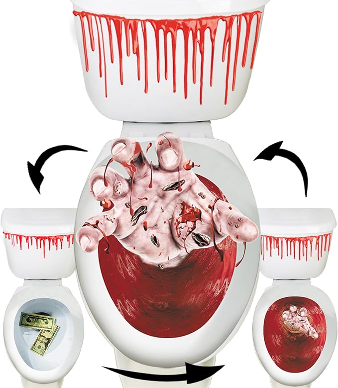 Halloween Toilet Seat Cover 3D Horror Morphing Decal for Halloween Theme Party Home Decor (Zombie Hand&Dollar&Blood) - skull toilet paper