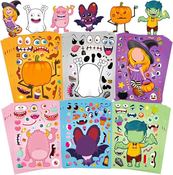36 Sheets Halloween Pumpkin Craft Stickers Party Favors Make a Face Stickers Zombie Witch Vampire Ghost Bat Self Adhesive DIY Stickers for Halloween Kids Toddlers Classroom Treats Party Game Stickers - skull sticker