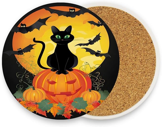 Halloween Drink Coaster, Black Cat Round Drinks Coaster Set, Great Gifts Warming Presents Decor for Halloween Christimas Thanksgiving - skull coaster