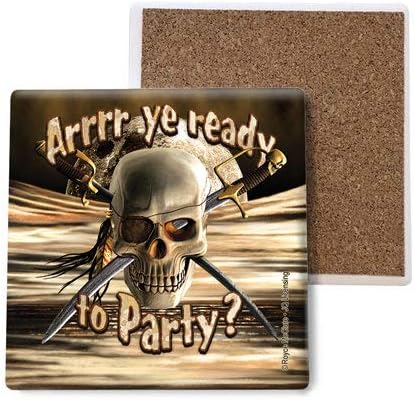 Arrrr Ye Ready to Party? (Skull with Swords) Absorbent Stone Coasters - Cork-Backed Beach Coasters for Drinks - Features The Art of JQ Licensing - 4 x 4 in - Set of 4 (SJT08302) - skull coaster
