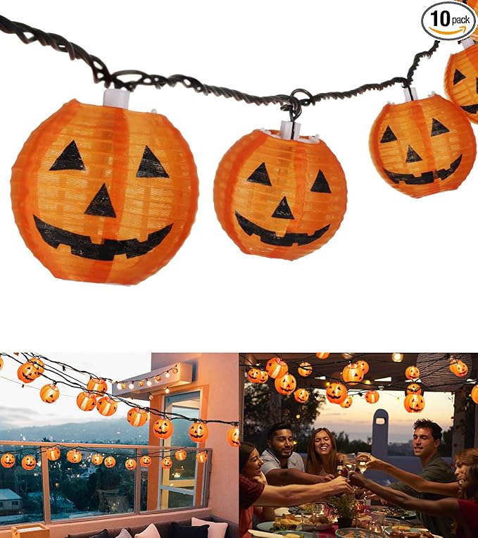 TIGOMOOV Halloween Pumpkin String Lights, Jack O Lantern Lights Plug in, 10 Orange Pumpkin Lanterns 9.83FT Connectable, Indoor Outdoor Fall Halloween Decorations for Porch Mantel Yard - string light