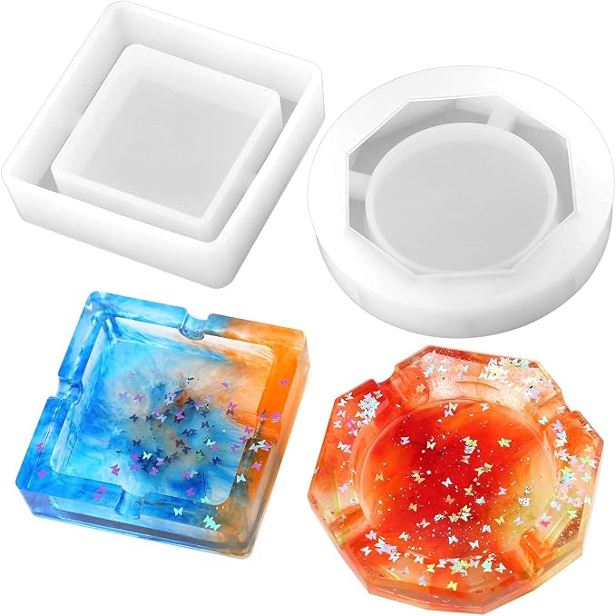 Savita 2 Pieces Ashtray Resin Molds with Square and Rhombus & Round Shape - skull ashtray
