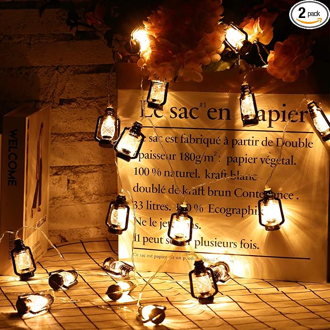 2 Set Lantern String Lights 9.8ft of 40 LED Lights Halloween Mini Lantern String Light Western Kerosene Light Rustic Vintage Christmas Decorative for Patio Home Garden Indoor Holiday Decoration(Black)