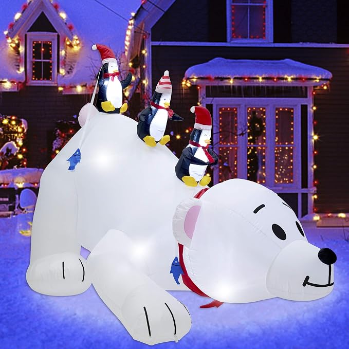 Juegoal Christmas 7.7(L) x 6 FT(H) Inflatables Lighted Polar Bear with Three Penguins, Blow Up White Bear Happy Fishing Penguin, Indoor Outdoor Xmas Winter Decor Lawn Yard Garden Decorations - skull inflatable