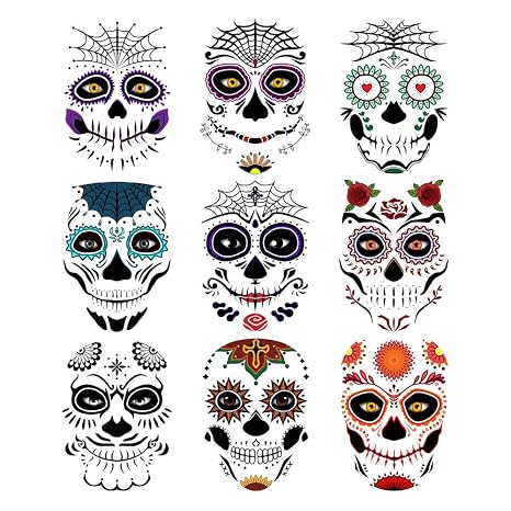 9 PCS Day of the Dead Sugar Skull Temporary Face Tattoo Kit - sugar skull costume