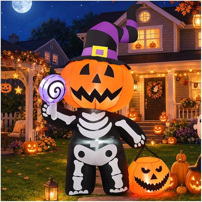 GOOSH 6 FT Halloween Inflatable Pumpkin Skull Body Outdoor Decorations Blow Up Yard Pumpkin with Built-in LEDs for Garden Lawn Party Decor - skull inflatable