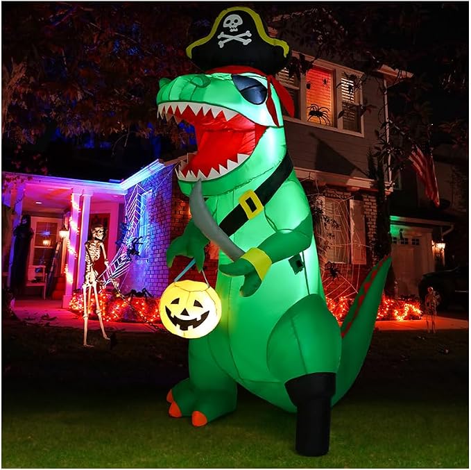 GOOSH 7 FT Halloween Inflatables Dinosaur Outdoor Decorations Blow Up Yard Pirate Dinosaur with Pumpkin Decoration with Built-in LEDs for Indoor Party Garden Lawn Decor - skull inflatable