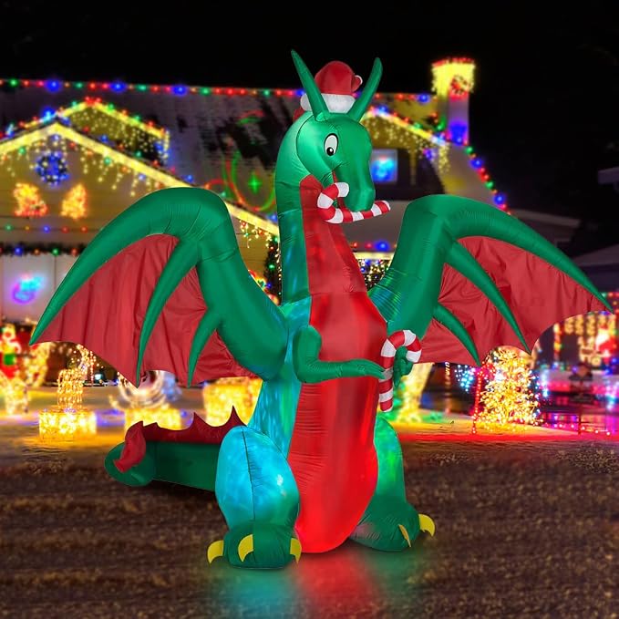 BLOWOUT FUN 8ft Inflatable Christmas Dragon with Candy Disco Light - skull inflatable