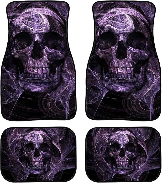 4 Piece Set Purple Skull Car Floor Mat Universal Fit Heavy Duty All Weather with Rubber Backing - skull floor mat