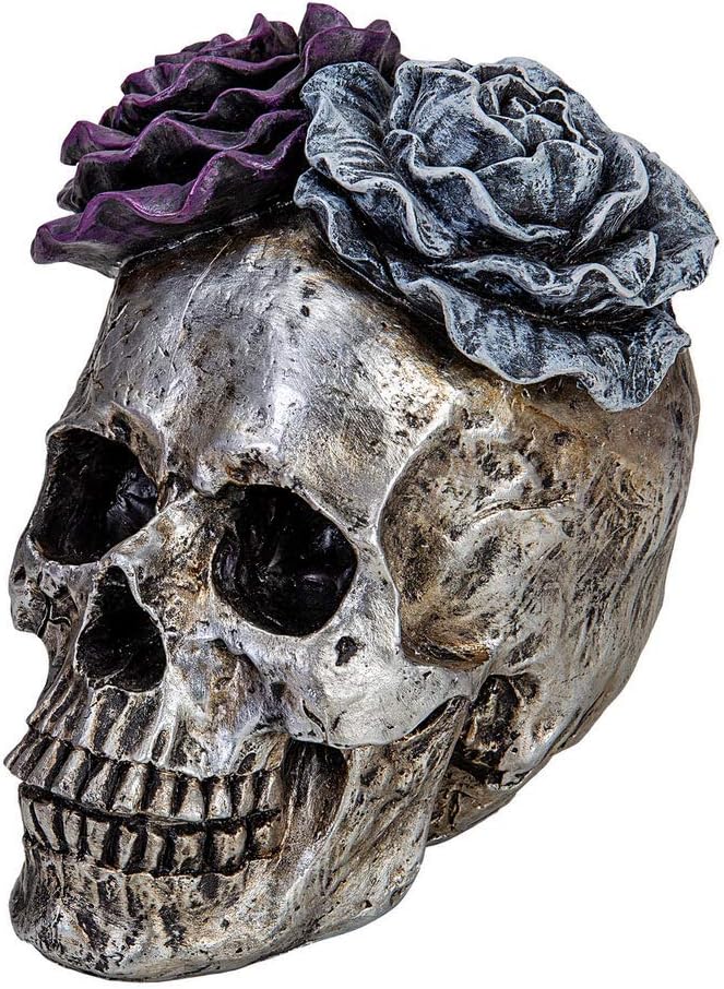 WENYLE Halloween Skull Statues Home Decor Day of Dead Purple Grey Rose Silver Skull Resin Figurine Flower Skull Decor 7.25" L - skull figurine