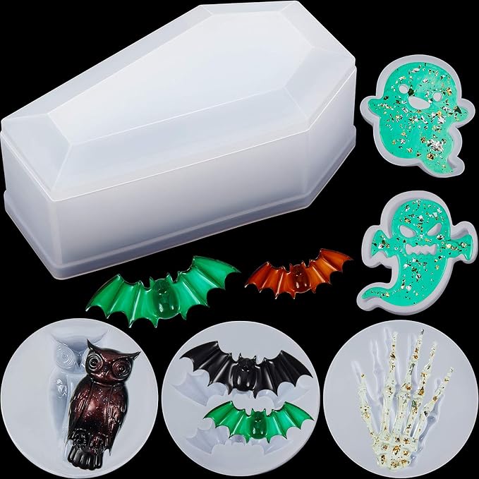 WILLBOND 6 Pcs Halloween Resin Coffin Molds Coffin Box Bat Owl Skull Ghost - skull ashtray