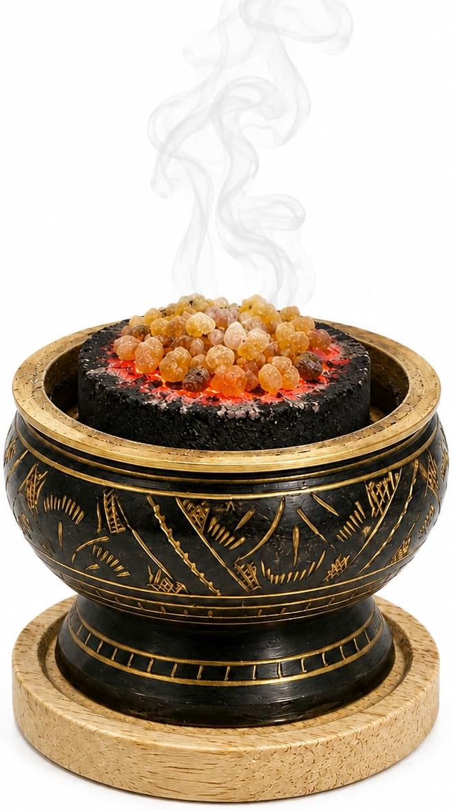 ARO VATIKA Incense Brass Burner (Black) | Used for Burning Charcoal, Sambrani, Dhoop & Gums | for Office Temple Prayer | Wooden Coaster to Hold | Home Purifying Loban Stand - skull incense burner