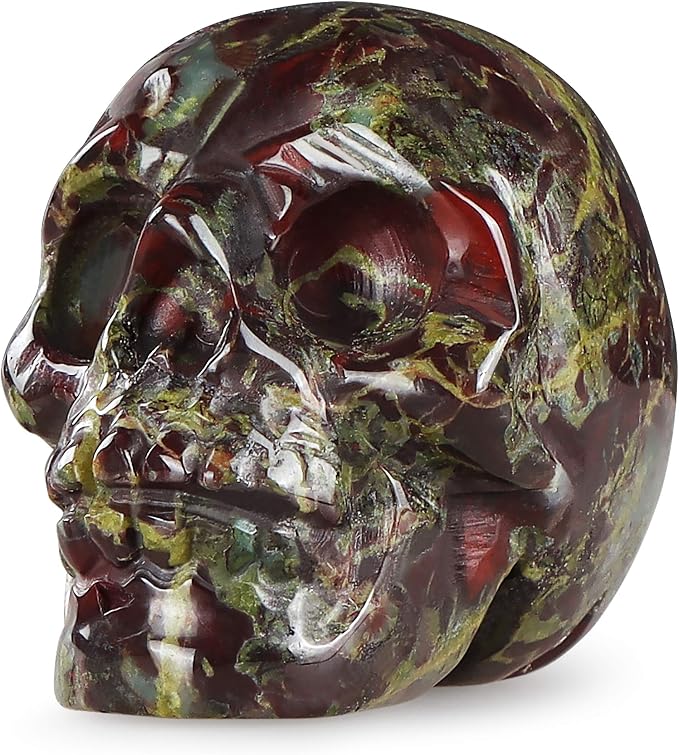 Artistone 2.0" Halloween Dragon Blood Stone Crystal Skull Head Figurine Decor Healing Stones,Hand Carved Human Skull Sculpture Ornaments Gifts for Home Kitchen,Art Room Decoration - skull figurine
