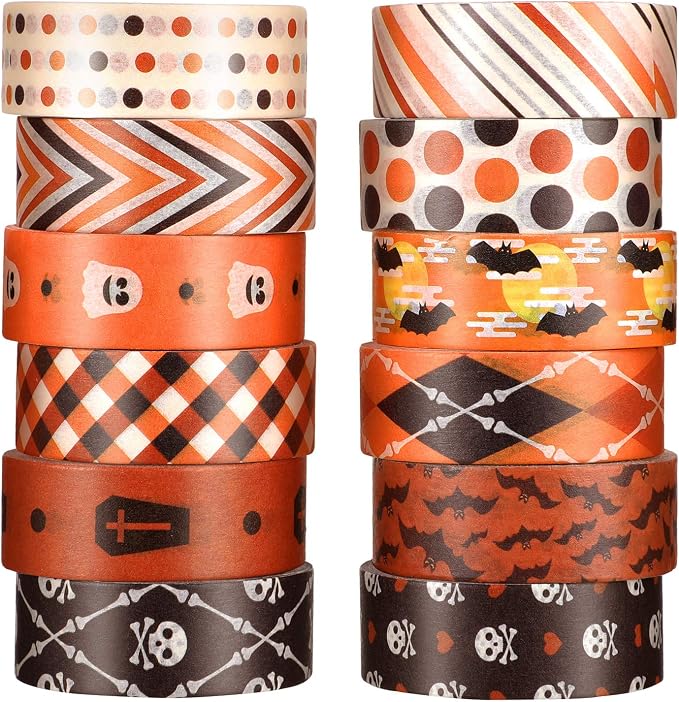 Outus 12 Pcs Halloween Washi Tape with Bat Skull Ghost for Scrapbooking - skull sticker