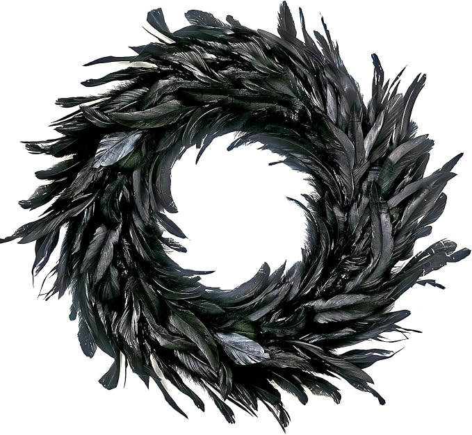 MOVINPE Black Feather Wreath – 14.9” Natural Cocktail Feather Wreath, Halloween Photo Props, Front Door Decor Witch Spooky Scene Party Decorations
