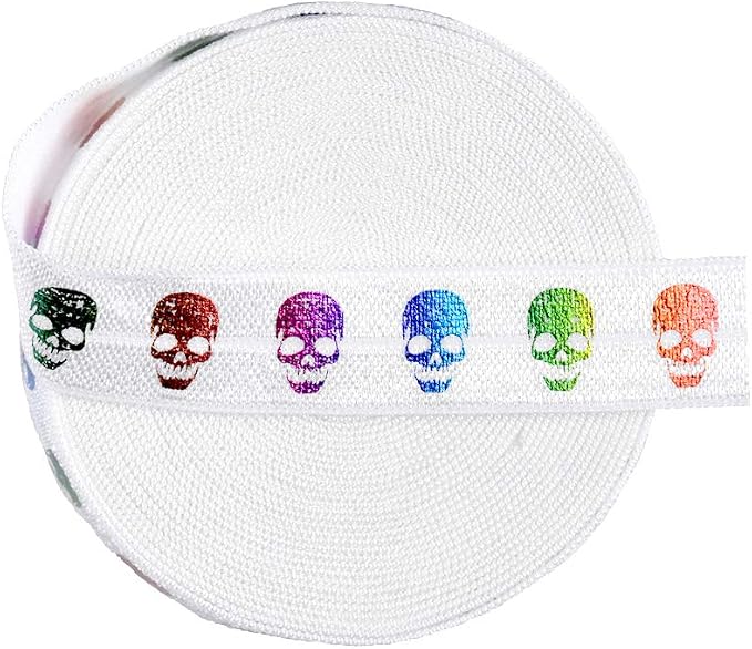 DIY PARK 5 Yard 5/8" 15mm Rainbow Skull Foil Print Fold Over Elastic FOE Spandex Satin Band Baby Headband Hair Tie Tutu Dress Sewing Trim(White) - skull sticker