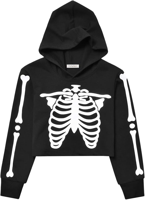 Kids Girls Leather Plaid Long Sleeve Crop Top Hoddie Cropped Sweatershirts - skull hoodie