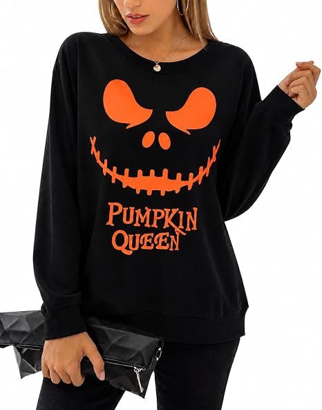 Women's Funny Halloween Pumpkin Face Sweatshirt Slouchy Witch Shirt Long Sleeve Pullover Tops for Thanksgiving Gift - skull jacket