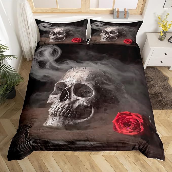 Erosebridal Sugar Skull Adult Comforter Cover King Size for Lover Sweetheart Roses Bedding Set, Halloween Duvet Cover Set Men Smoke Fog Horror Gothic Nature Grey Black Print,Decor 3 Pcs - skull bedding