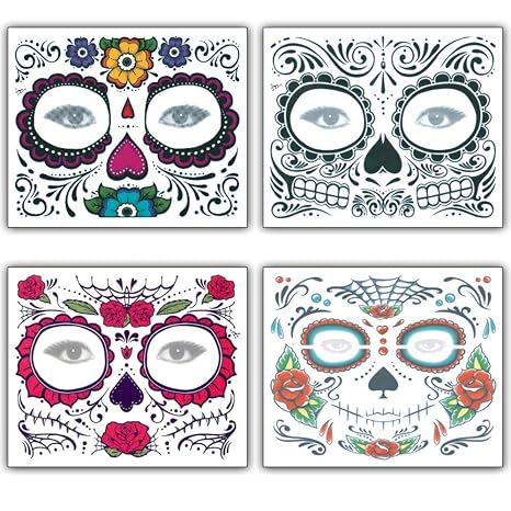Halloween Face Tattoo Stickers Day of the Dead Tattoos Sugar Skull Water Transfer Stickers with Floral Red Rose Black Web Fake Face Mask Temporary Tattoo for Halloween Parties, Masquerade 4 PCS - sugar skull makeup