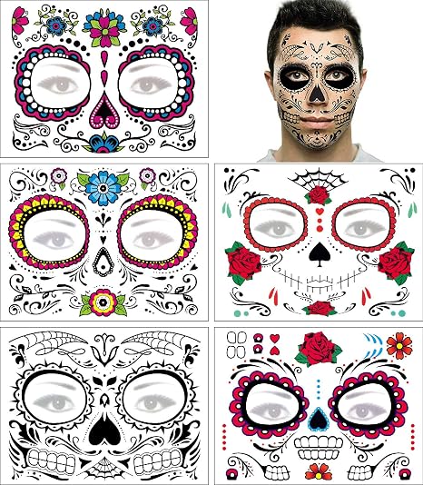 Day of the Dead Face Tattoo Halloween Makeup Tattoos Decor Stickers Sugar Skull Temporary Tattoo for Halloween Masquerade Party with Floral, Glitter Roses, Web and Floral Skeleton Design 5 PACK - sugar skull makeup